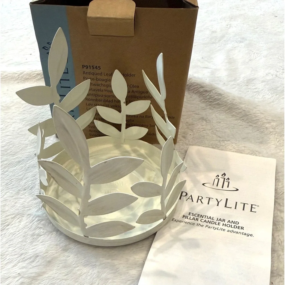 PartyLitew Antiqued Leaf Jar Holder White Metal Candle Sleeve‎ P91545 Botanical